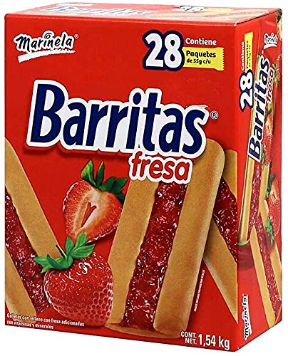 Marinela - BARRITAS DE FRESA Marinela, Caja de 1.54 kilos Tamaño familiar Contenido 28 Paketines de 55g c/u