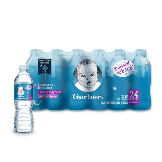 Gerber Agua Purificada, Agua Natural Suave, Especial para bebés, Pack de 24 botellas de 500ml c/u, Libre de Sodio, Con Calcio y Magnesio.