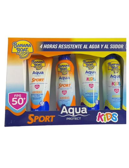 set 4 protectores Banana Boat, Protección Solar Resistente al Agua y Sudor,2 Aqua Sport, 2 Aqua Kids, 4 Horas