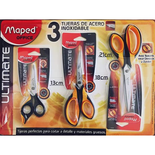 Maped - Set 3 Tijeras de acero inoxidable Ultimate ergonomicas para diestros y zurdos