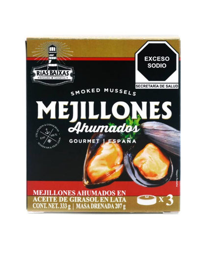 Mejillones ahumados en aceite de girasol 333 g Rias Baixas + 1 cubrebocas tricapa High Performance Gratis