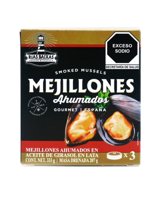 Mejillones ahumados en aceite de girasol 333 g Rias Baixas + 1 cubrebocas tricapa High Performance Gratis