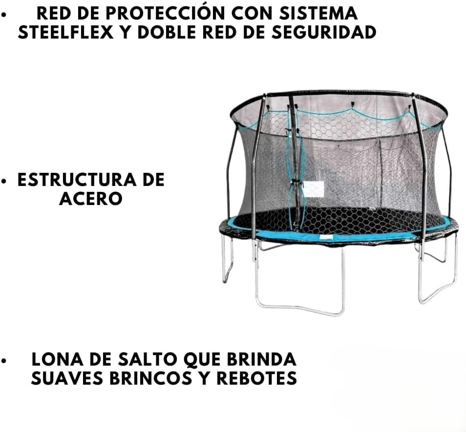 RIVARRO | Brincolines para Niños Grande De Acero para Exteriores Trampolin 9 Ft 279 Cm Largo x 426 Cm Alto, Red De Seguridad, Brincolin para Niños Y Adultos, Color Azul