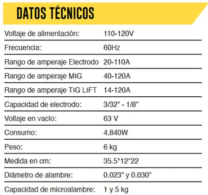 VOLT - SOLDADORA INVERSOR MIG GAS NO GAS/MMA 120A 110V ROLLO 1-5KG VOLT VOL-MIG130