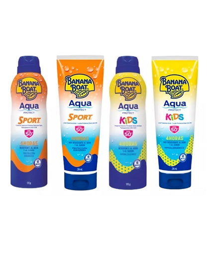 set 4 protectores Banana Boat, Protección Solar Resistente al Agua y Sudor,2 Aqua Sport, 2 Aqua Kids, 4 Horas
