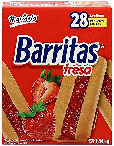 Marinela - BARRITAS DE FRESA Marinela, Caja de 1.54 kilos Tamaño familiar Contenido 28 Paketines de 55g c/u