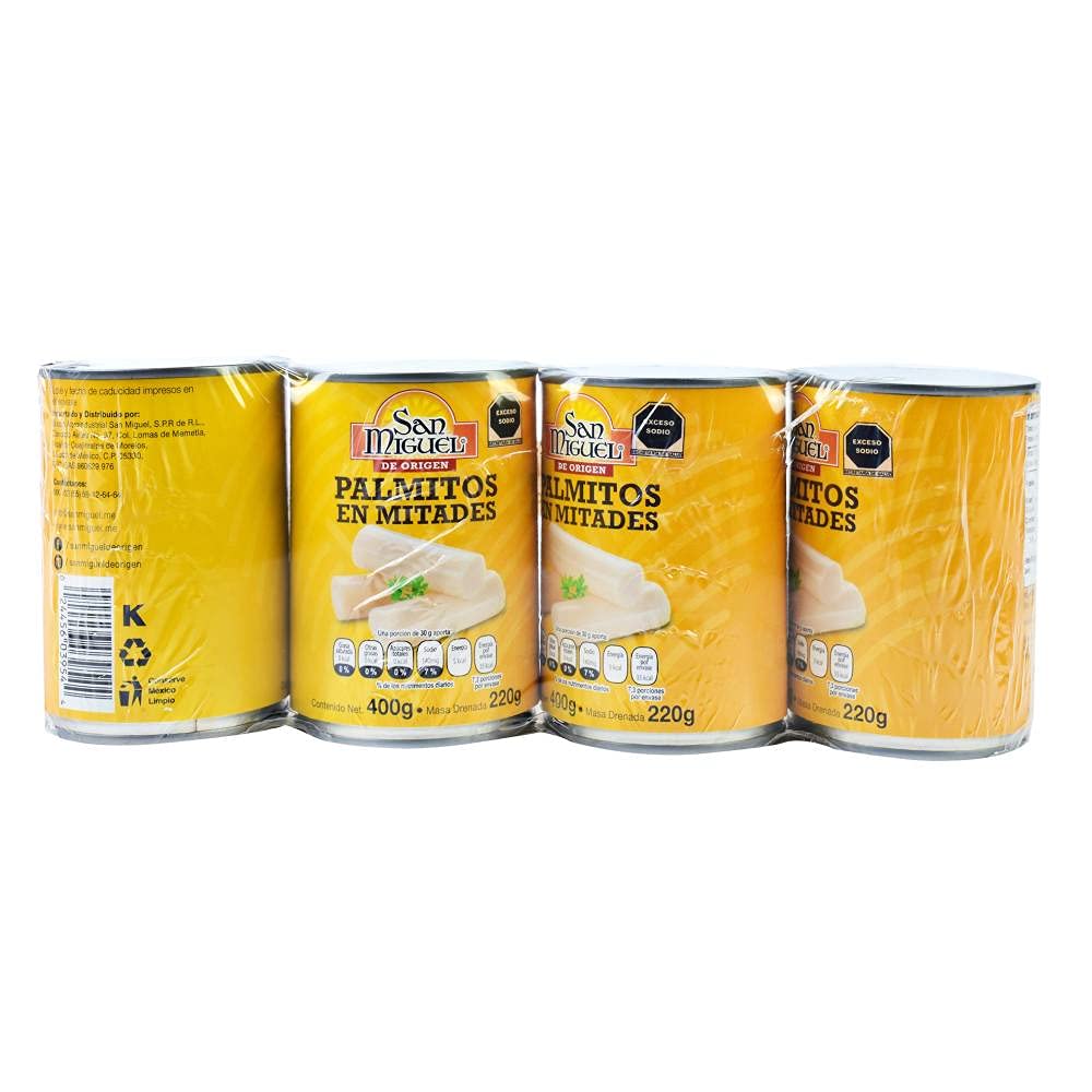 Tuny - Palmitos en Mitades San Miguel 4 Latas de 400 g c/u +1 cubrebocas high performance lavable gratis