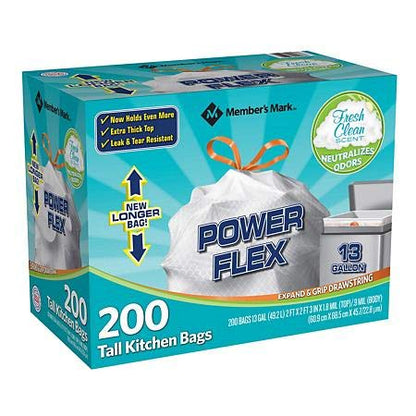 Members Mark Power Flex de 13 galones, protección contra fugas, bolsas altas con cordón de ajuste simple (1 paquete, aroma fresco y limpio), 1 unidad