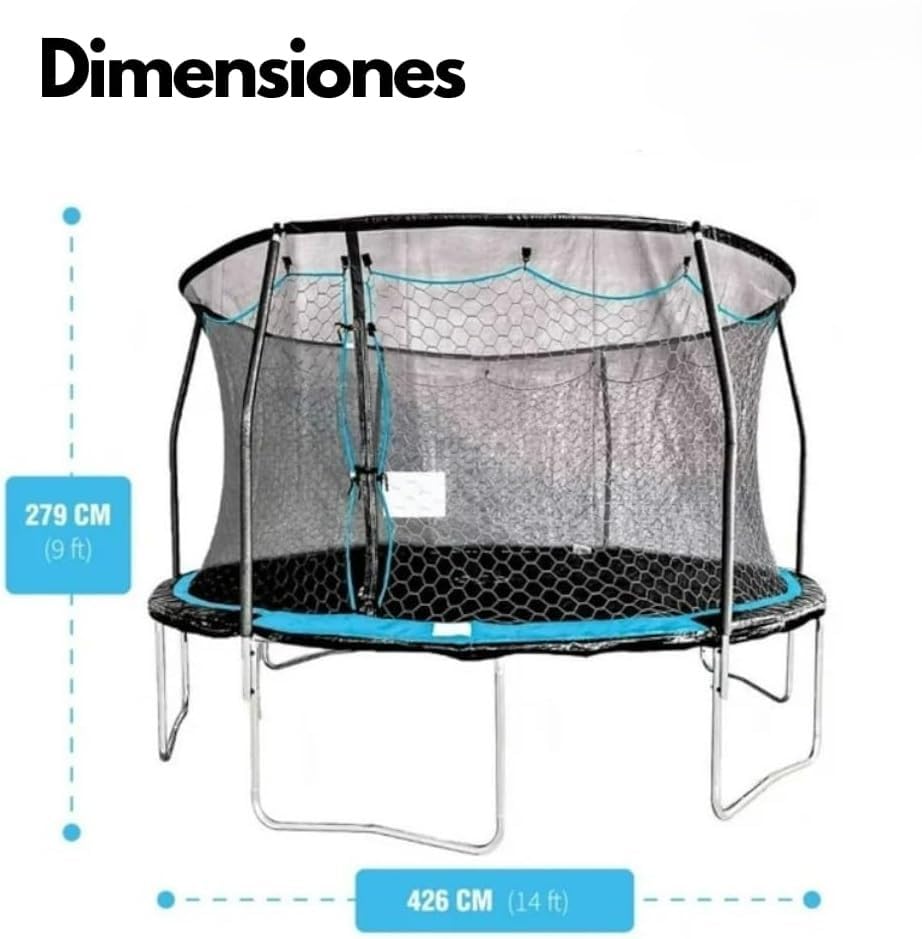 RIVARRO | Brincolines para Niños Grande De Acero para Exteriores Trampolin 9 Ft 279 Cm Largo x 426 Cm Alto, Red De Seguridad, Brincolin para Niños Y Adultos, Color Azul