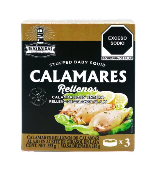 Calamares rellenos de calamar al ajo en aceite de girasol 333 g Rias Baixas + 1 cubrebocas tricapa High Performance Gratis