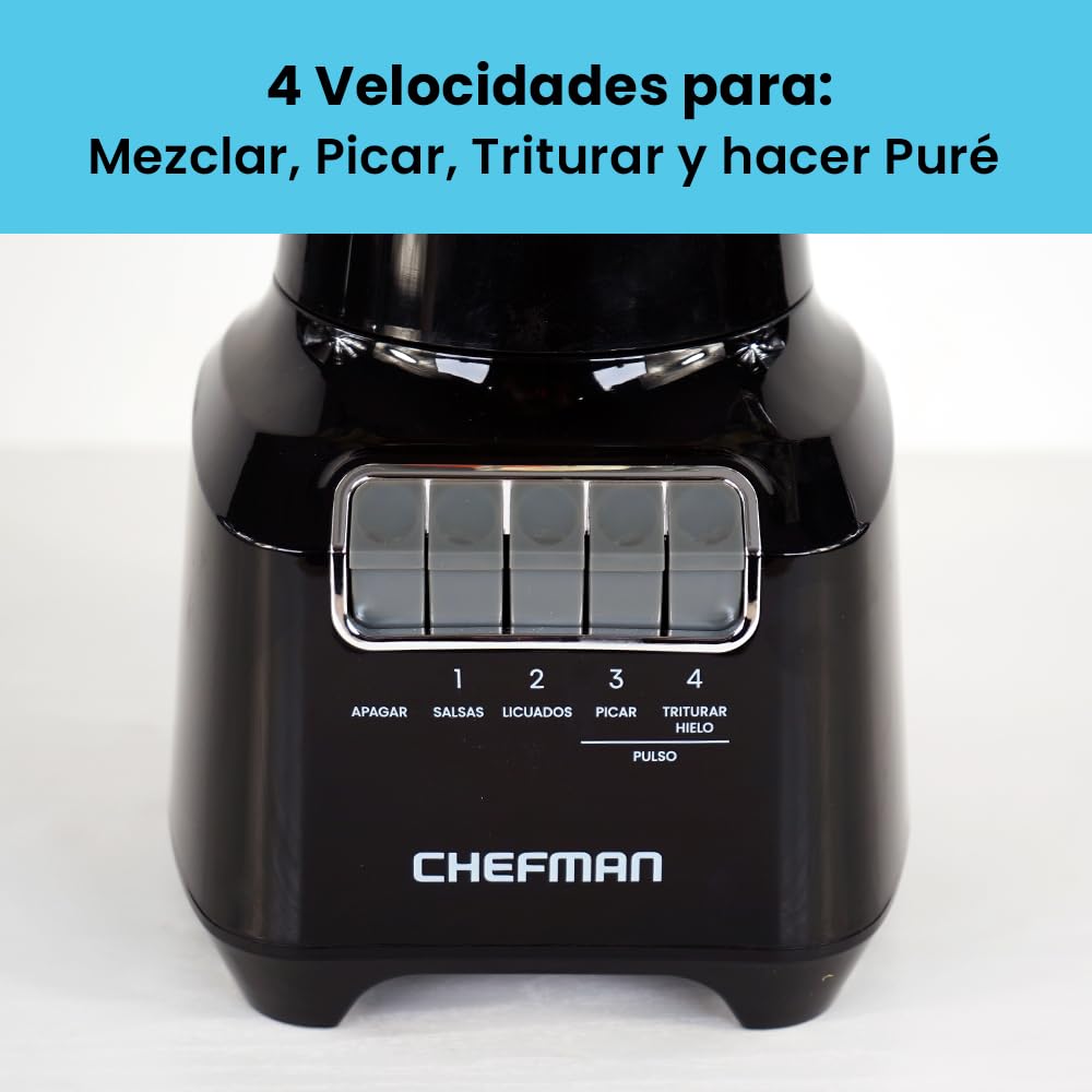 Chefman Licuadora Vaso de vidrio de 1.5 litros, 4 Velocidades, 400W, Cuchillas de Acero Inoxidable y Tapa de Cierre Seguro. Color Negro.