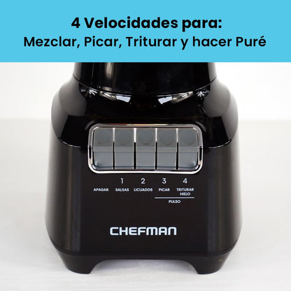 Chefman Licuadora Vaso de vidrio de 1.5 litros, 4 Velocidades, 400W, Cuchillas de Acero Inoxidable y Tapa de Cierre Seguro. Color Negro.