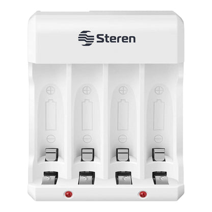 Steren CRG-015 Cargador de pilas AA y AAA, incluye 4 pilas AA, 1300 mAh, indicador de carga LED, compatible con baterías NiCd y NiMH, clavija abatible