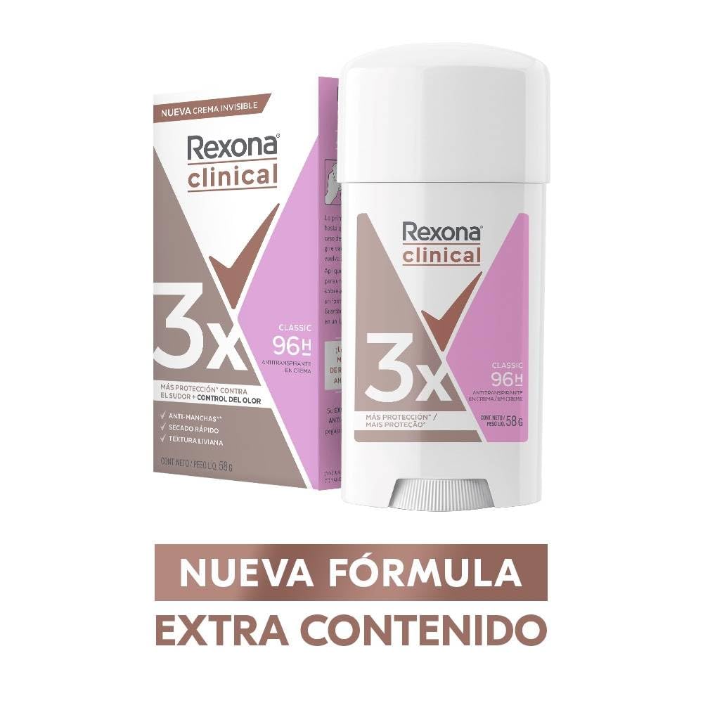 Rexona Clinical Desodorante Antitranspirante para Mujer en Crema, Protección Contra el Sudor y el Mal Olor, 3 Piezas de 58g c/u