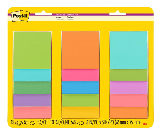 Post-it Super Sticky Notes, 3 x 3 pulgadas, 15 almohadillas para orejas, 2 unidades The Sticking Power, Supernova Neons and Energy Boost Collections, reciclable (654-15SSMULTI2)