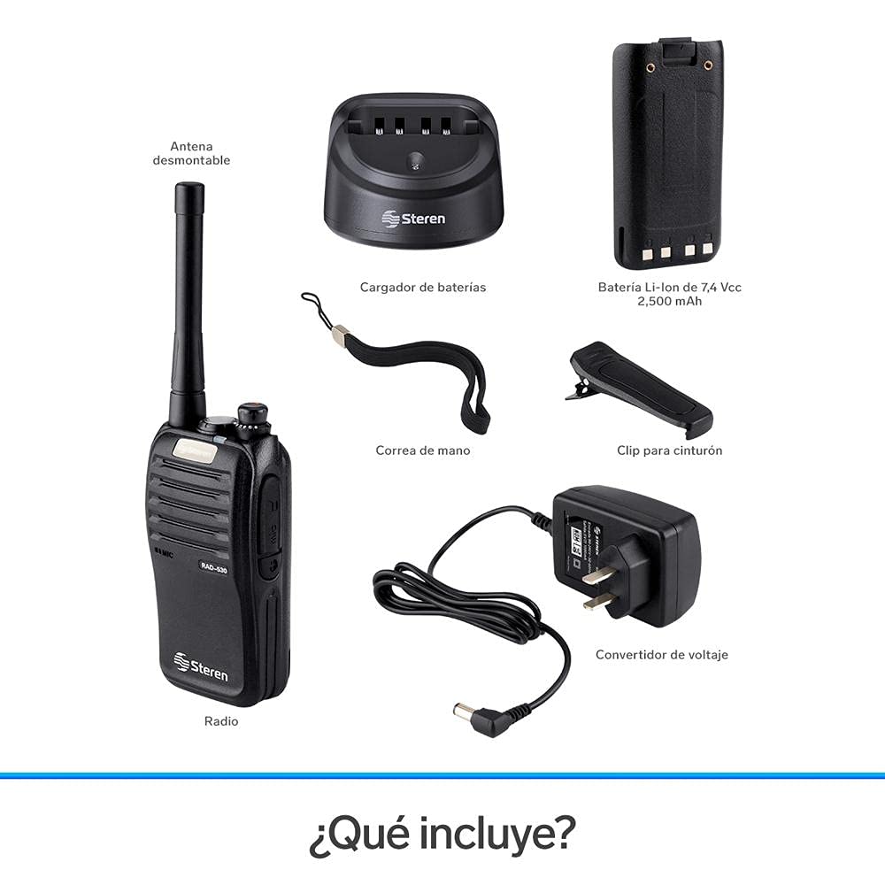 STEREN RAD-530 Radio intercomunicador Profesional, hasta 7 km de Alcance, 5 Watts de Potencia, Banda UHF, 16 Canales preconfigurados, minilinterna