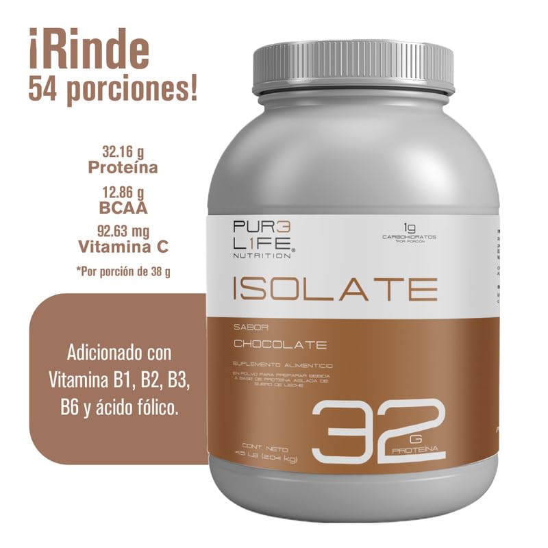 PURE LIFE Proteína Isolate 100% Aislada de Suero de Leche 0g de Carb Sin Azúcar Añadida En Polvo Pre Post e Intra Entrenamiento 2.04 kg (54 porciones, 32 g de proteína por porción)