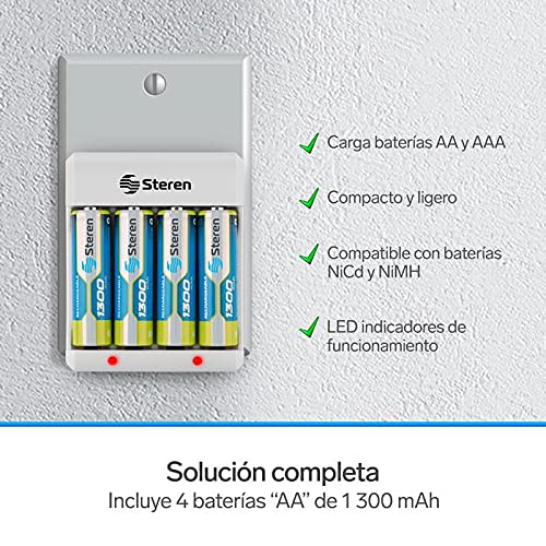 Steren CRG-015 Cargador de pilas AA y AAA, incluye 4 pilas AA, 1300 mAh, indicador de carga LED, compatible con baterías NiCd y NiMH, clavija abatible