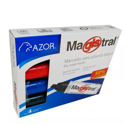 Marcador Pintarron Magistral Metálico Con 4 Plumones 50% Más Rendimiento Ideal Para Pizarrones Indeleble En Tela Y Materiales Porosos PSA COMPUTO Y PAPELERIA