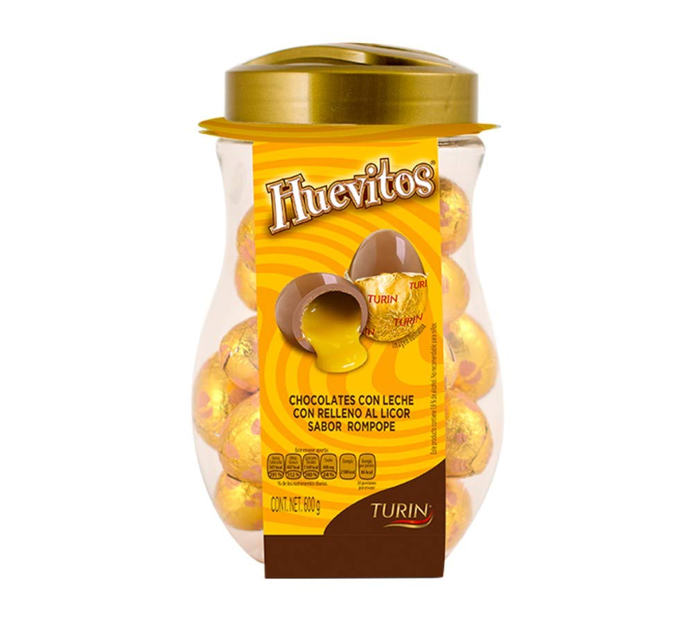 Turin Huevitos Chocolate con Leche Relleno de Licor Sabor Rompope, Vitrolero - 600 g
