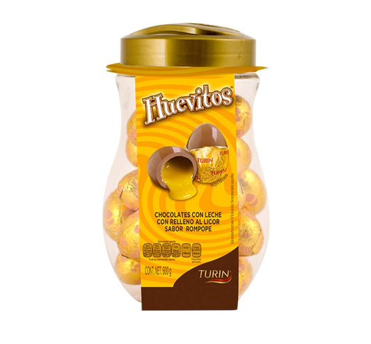 Turin Huevitos Chocolate con Leche Relleno de Licor Sabor Rompope, Vitrolero - 600 g