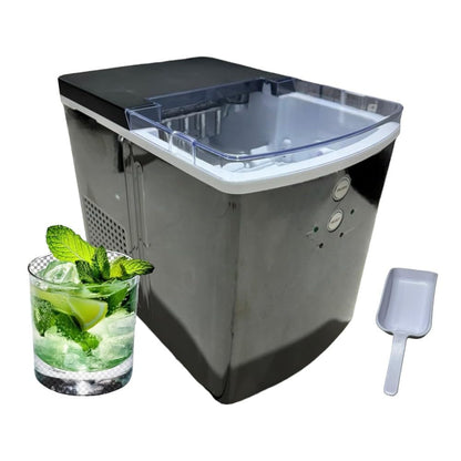 RIVARRO Máquina de Hielo, Fabrica 9 Cubos de Hielo cada 6-8 minutos, 14 Kg en 24 horas, 2 Tamaños de Hielo, con Cesta y Pala, Acero Inoxidable, Color Plata