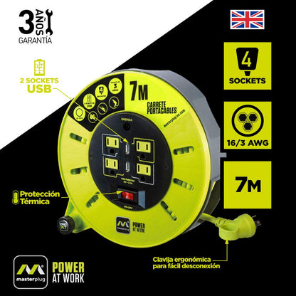 Masterplug - Masterplug, CMM071116G4SLU, Extensión Eléctrica Cassette 7M +USB