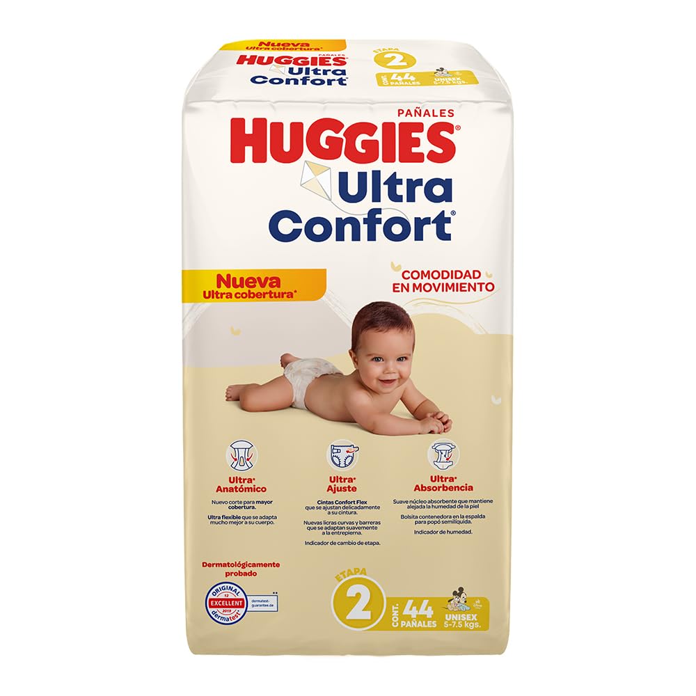 Huggies Ultraconfort Pañal Desechable para Bebé, Etapa 2 Unisex, Paquete con 44 Piezas, Ideal para Bebés de 5 a 7.5 kg