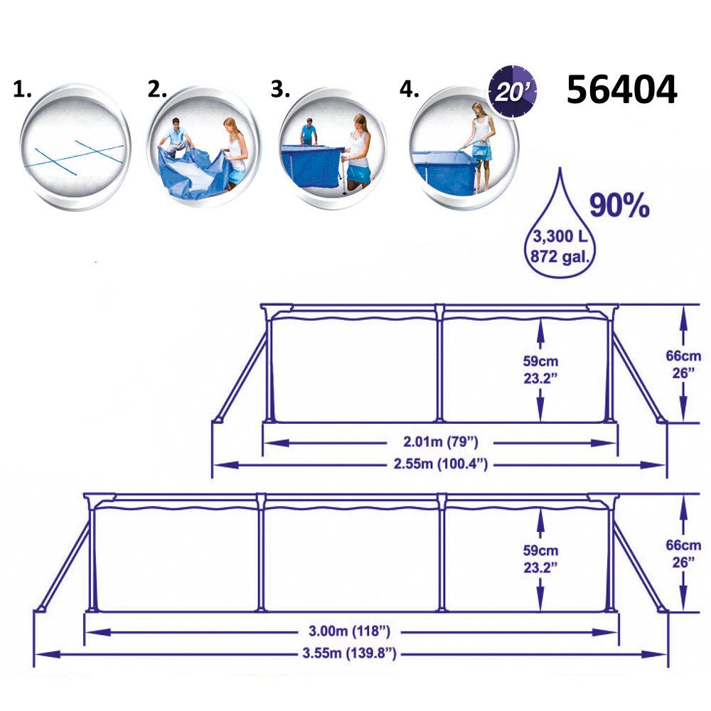 Bestway Steel Pro 56404 Framed pool Rectangular pool 3300L Azul alberca para piso - Piscina (Piscina con anillo hinchable, Rectangular, 3300 L, Azul, PVC, Acero)