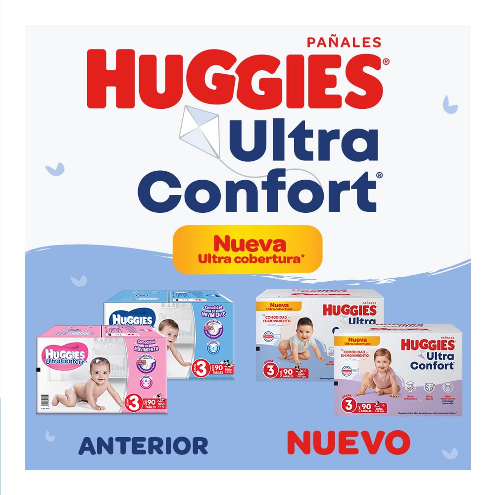 Huggies UltraConfort Pañal Desechable para Bebé, Etapa 3 Niña, Caja con 90 piezas, Ideal para Bebés de 7 a 10 kg