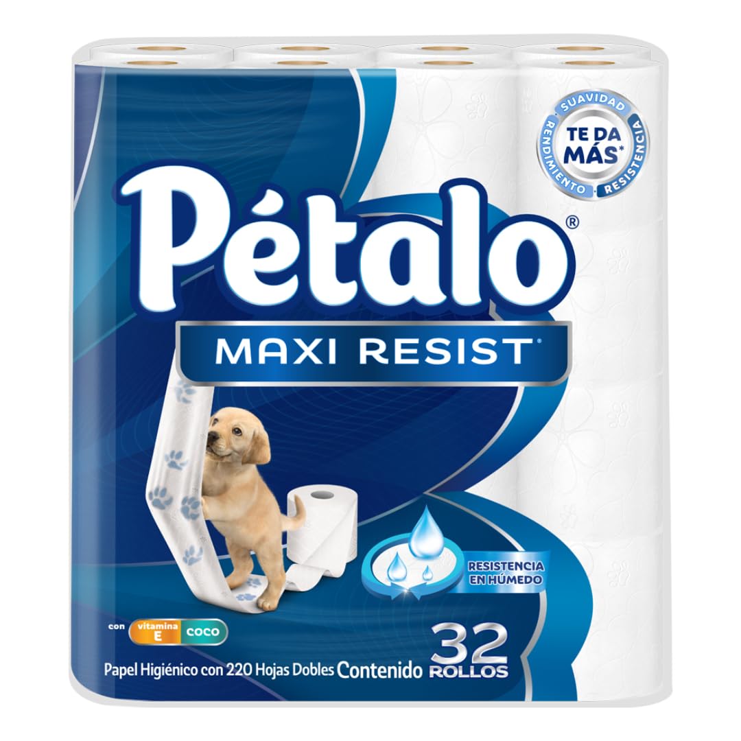 Pétalo Maxi Resist Papel Higiénico, 32 rollos de 247 hojas dobles, con Vitamina E y Coco