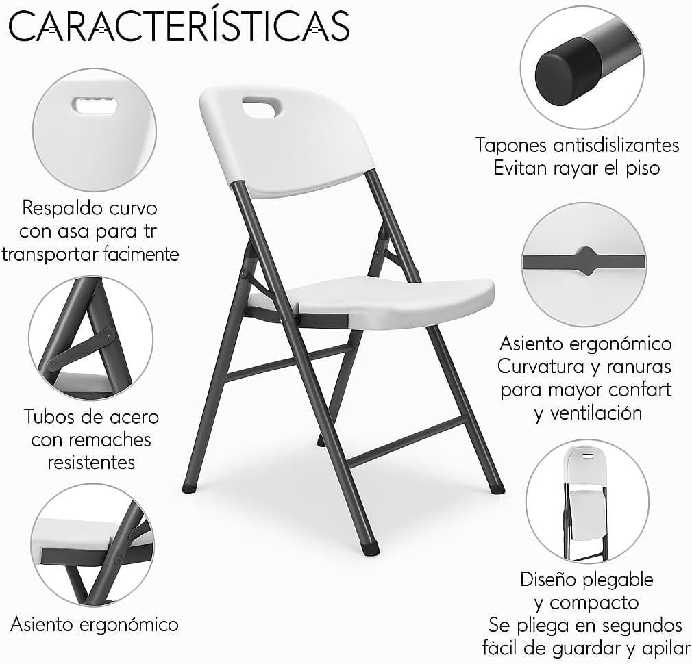 RIVARRO | Sillas Plegables de Plástico Reforzado en Paquete de 6, Ligeras, Resistentes y Apilables, Ideales para Comedor, Jardín, Escuela, Oficina, Eventos Sociales y Reuniones Familiares