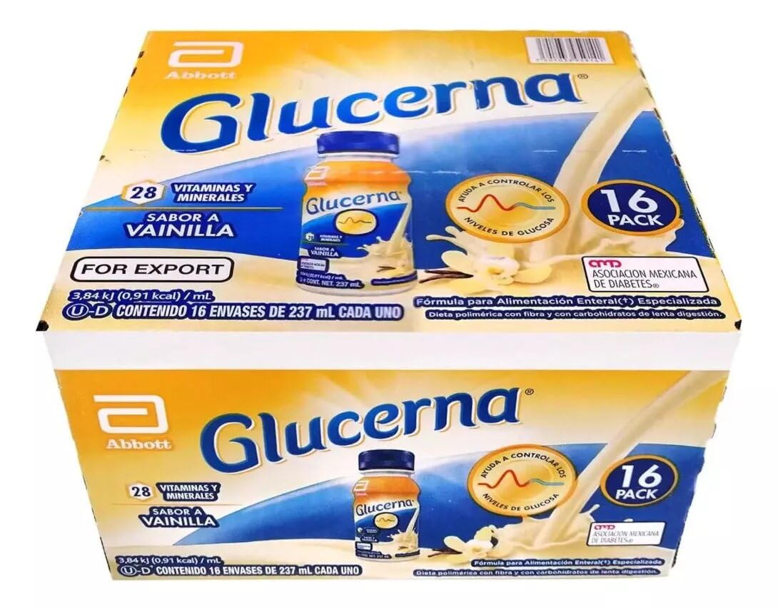Glucerna Vainilla Control de Azúcar, Carbohidratos con Proteína y Fibra. Caja de 16 Envases de 237 m