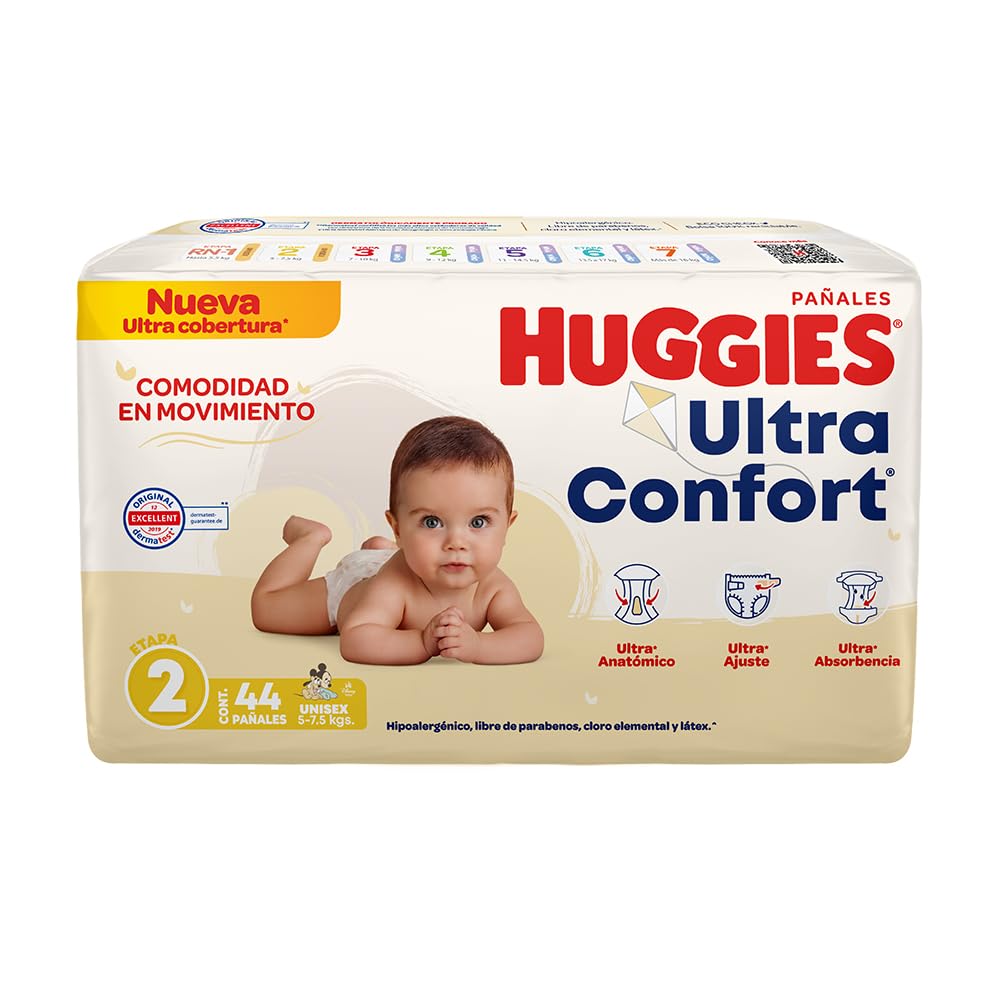 Huggies Ultraconfort Pañal Desechable para Bebé, Etapa 2 Unisex, Paquete con 44 Piezas, Ideal para Bebés de 5 a 7.5 kg