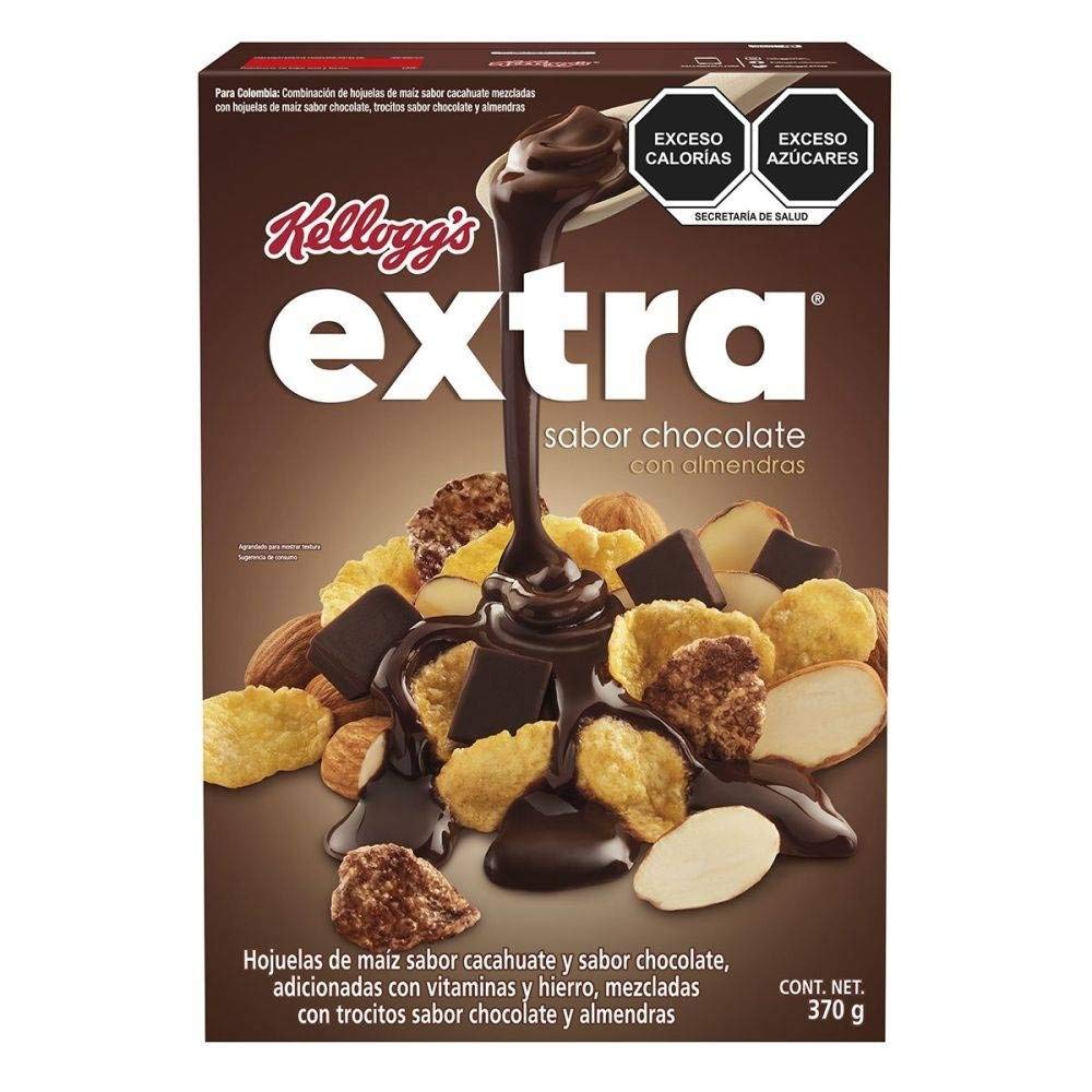 Kellogg's Cereal EXTRA CHOCOLATE CON ALMENDRAS 370g Hojuelas de Maíz con sabor a Cacahuate y Chocolate. Desayuno Nutritivo, Delicioso y lleno de energía.