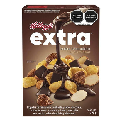 Kellogg's Cereal EXTRA CHOCOLATE CON ALMENDRAS 370g Hojuelas de Maíz con sabor a Cacahuate y Chocolate. Desayuno Nutritivo, Delicioso y lleno de energía.
