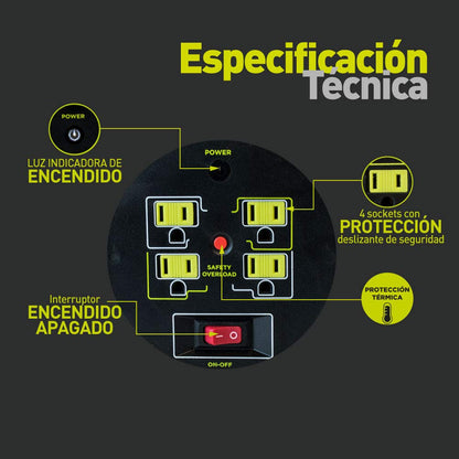 Extensión Eléctrica de 30 metros Tipo Carrete para Uso Rudo, Calibre 14 AWG, con 4 Multicontactos y Switch + Indicador LED Green