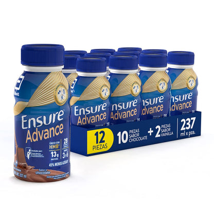 Ensure Advance - 12 Pack de 237 ml Cada Uno, 10 Chocolate + 2 Vainilla, Fuente de Proteínas y Nutrición Completa para Adultos, Clínicamente Probado