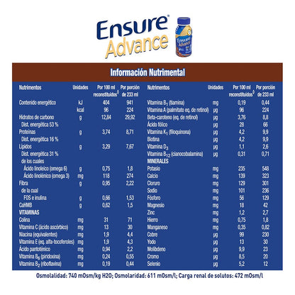 Ensure Advance - 12 Pack de 237 ml Cada Uno, 10 Chocolate + 2 Vainilla, Fuente de Proteínas y Nutrición Completa para Adultos, Clínicamente Probado