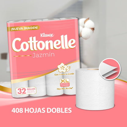 Kleenex Cottonelle Beauty, Papel Higiénico, Aroma a Jazmín, Paquete con 32 Rollos de 408 Hojas Dobles C/U