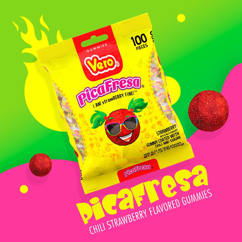 Vero Dulces Vero - Dulces Vero Pica Fresa - Gomitas con chile, dulces mexicanos, 100 unidades, 600 gramos (empaque puede variar)