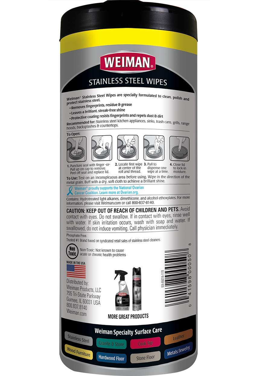 Weiman Stainless Steel Cleaner Wipes (3 Pack) Removes Fingerprints, Residue, Water Marks and Grease from Appliances - Works Great on Refrigerators, Dishwashers, Ovens, and Grills