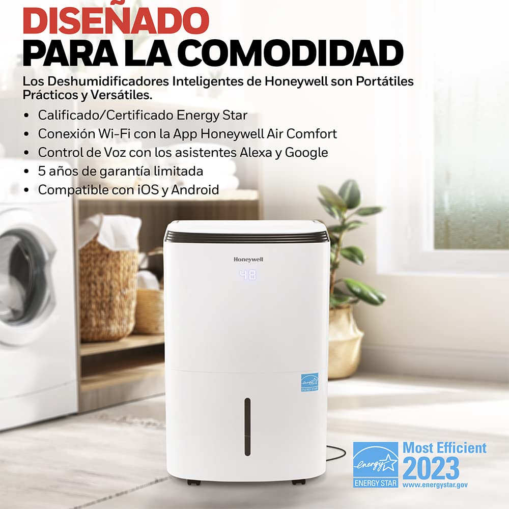 Honeywell Deshumidificador Inteligente TP50AWKN con Wi-Fi y Control de Voz con Amazon y Google. Energy Star de Eficiencia Energética. Deshumidifica hasta 23.6 Litros/50 Pintas bajo la Norma ASHRAE.