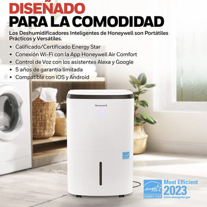 Honeywell Deshumidificador Inteligente TP50AWKN con Wi-Fi y Control de Voz con Amazon y Google. Energy Star de Eficiencia Energética. Deshumidifica hasta 23.6 Litros/50 Pintas bajo la Norma ASHRAE.
