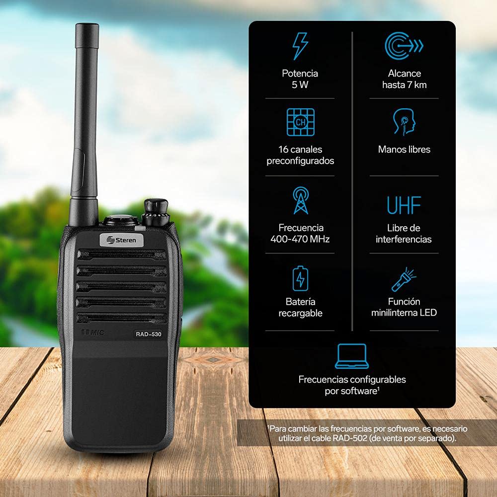 STEREN RAD-530 Radio intercomunicador Profesional, hasta 7 km de Alcance, 5 Watts de Potencia, Banda UHF, 16 Canales preconfigurados, minilinterna