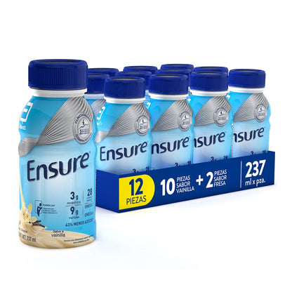 Ensure Clásico Vainilla Fresa 237ml, Alimentación Especializada, Caja con 12 Botellas (10 Vainilla y 2 Fresa)