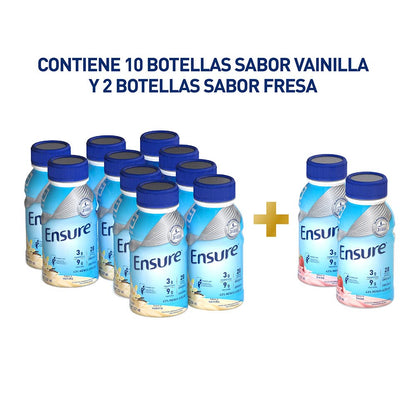 Ensure Clásico Vainilla Fresa 237ml, Alimentación Especializada, Caja con 12 Botellas (10 Vainilla y 2 Fresa)