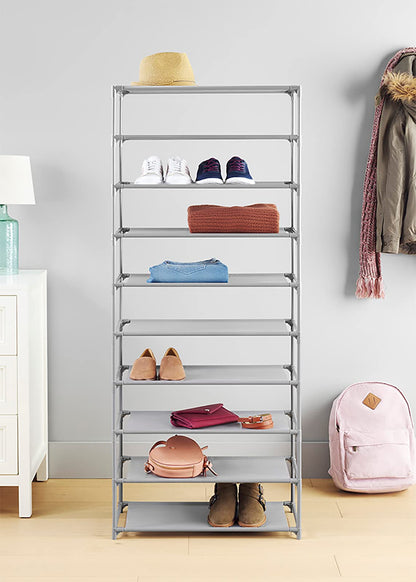 Whitmor Torre de Zapatos 10 Niveles, Negro y Gris, Cromo, 10 Estantes, 60 kg de Capacidad de Carga, para Ropa, Zapatos y Accesorios, Sin Montaje Requerido, Estantes Espaciales, Ligera, para Cochera