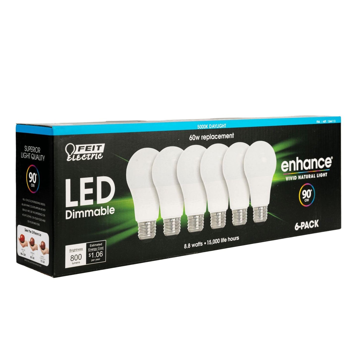 L - paquete de 6 focos dimeables(feit electric led, -Reemplazo de foco de 60w -800 Lúmenes -Color 2700K -15,000 Horas de Vida -Omni Direccional