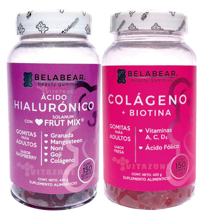 Solanum Kit Colágeno + Biotina y Ácido Hialurónico 300 gomitas Belabear.